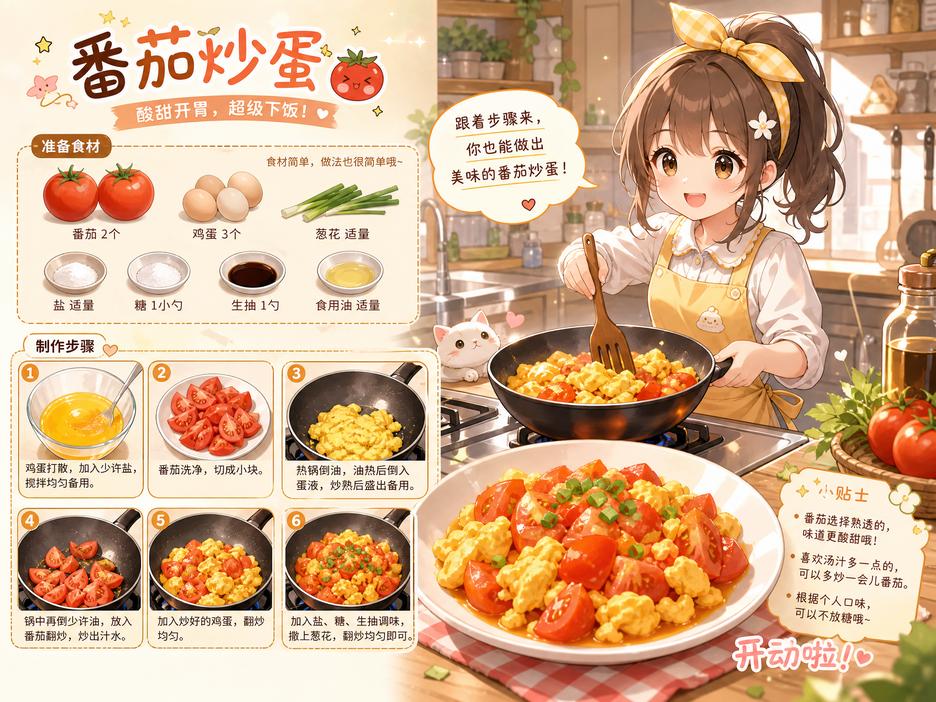 抖音揭秘生活技能动漫-番茄炒蛋动漫教程演示·家常菜入门